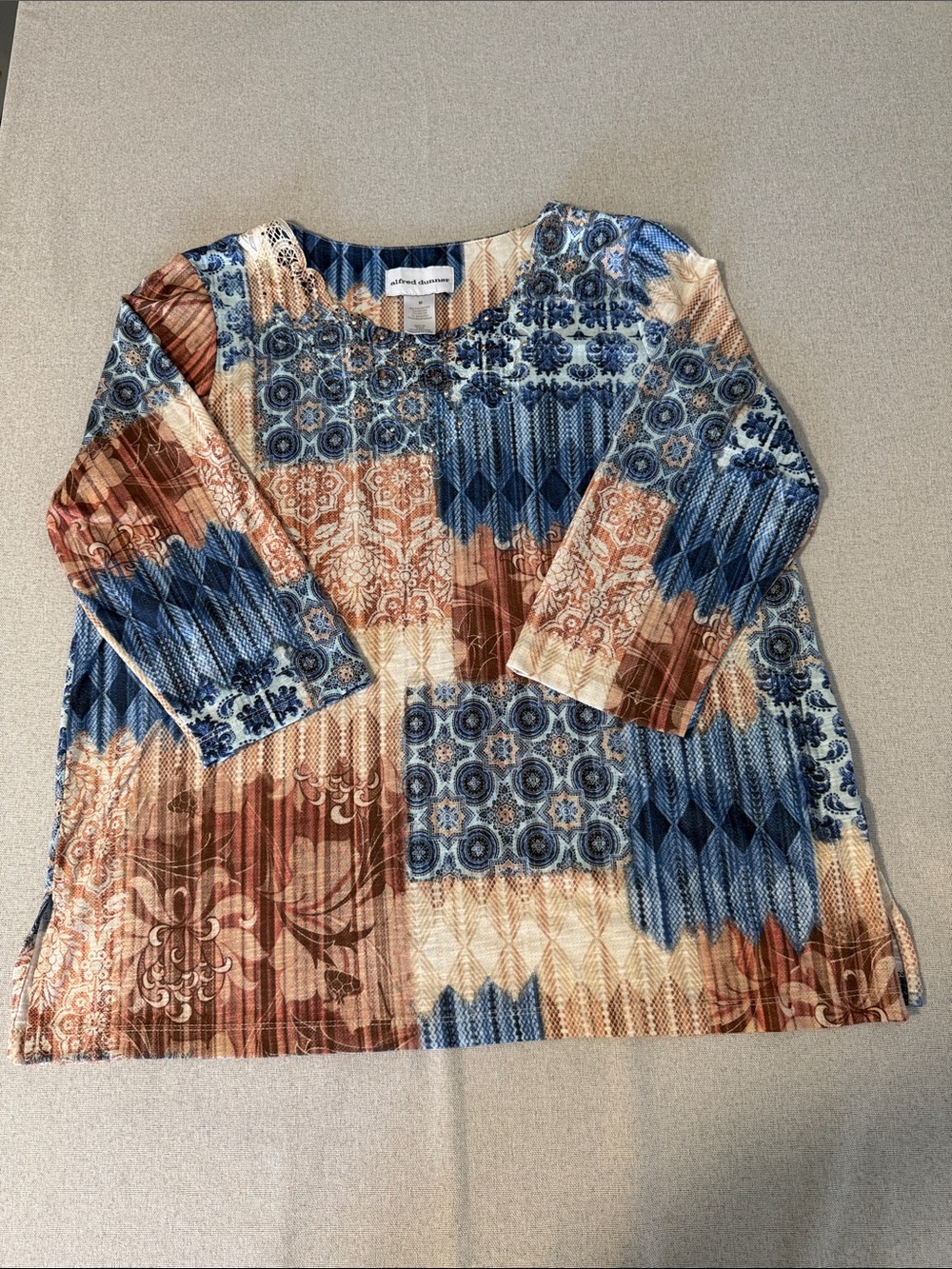 Alfred Dunner Blue and Tan Patchwork-Print 3/4 Sleeve Tunic SZM - Picture 13 of 13